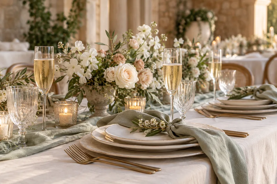 Ivory reception table setting with sage linen and glassware