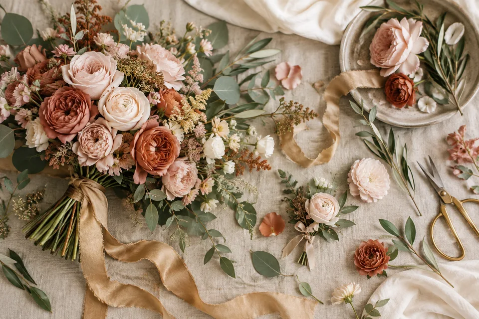 Terracotta and blush flowers with sage leaves and cream fabric